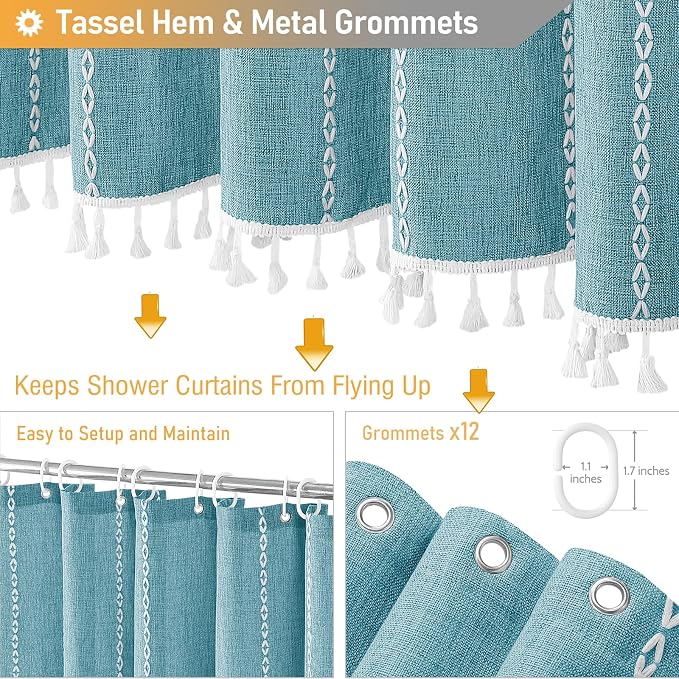 72x96 Extra Long Boho Linen Heavy Duty Cloth Shower Curtain Set, Teal | Extra - Image 5