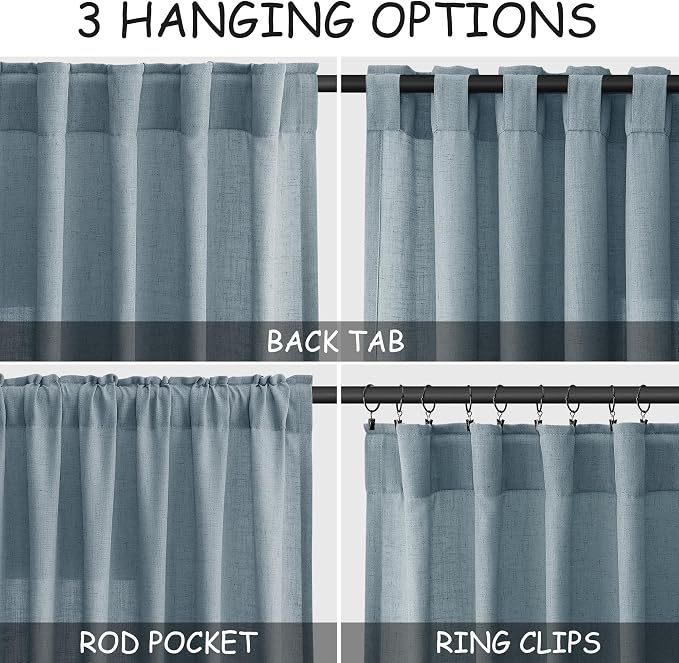 Light Blue Linen Curtains Semi Sheer 96 Inches Long 2 Panels Set - Image 2