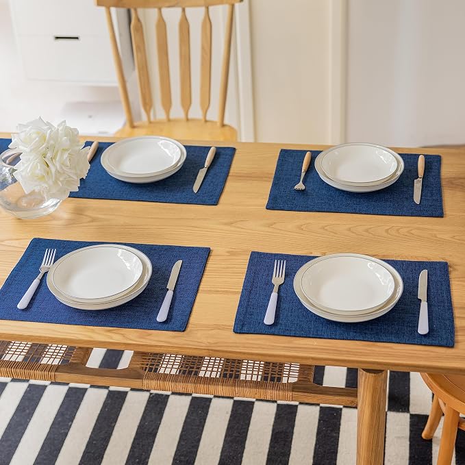 Demetex Cloth Table Placemats Heat Resistant Linen Place Mats Set of 4 Navy - Image 7