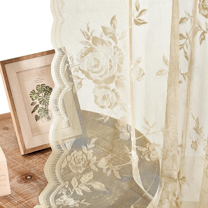 SEEKRIGHT Beige Lace Curtains 54 Inch Length Country Floral Curtains - Image 6
