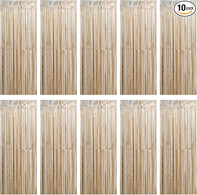 10 Pack Sparkle Champagne Foil Curtain Backdrop 3.2ft x 9.8ft Metallic Tinsel by Ohiyoo