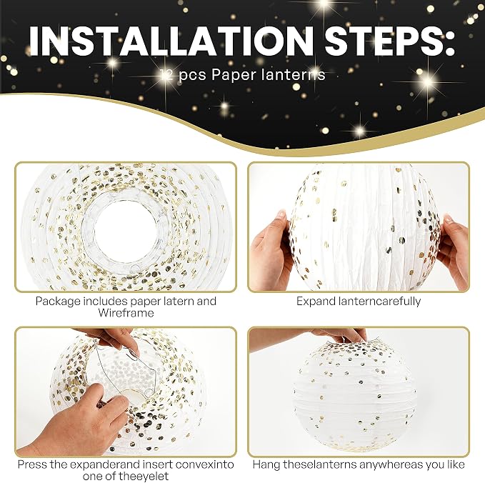 12PCS Black Gold Hanging Paper Lanterns Graduation Party Decor | Black and Gold - Image 4