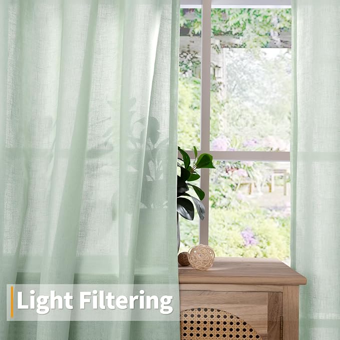 YoungsTex Light Green Linen Semi Sheer Curtains 45 Inch Length, Short Drapes - Image 3