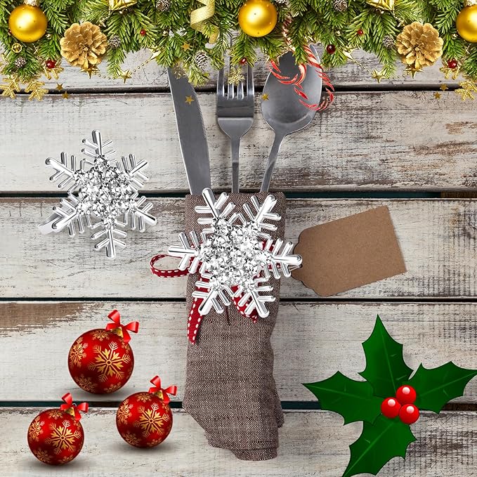 Halatool Christmas Napkin Rings Set of 8, Silver Snowflake with White Rhinestone Napkin Holder for Christmas Thanksgiving Winter Holiday Place Setting, Weddings, Party Table Decoration