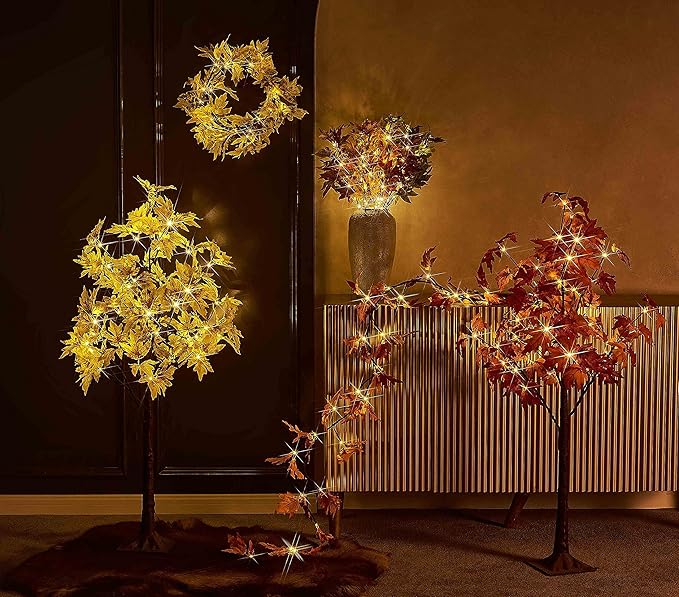 Hairui Lighted Maple Leaf Garland with Timer 6FT 24 Warm White LED, Fall Garland with Lights Battery Operated for Thanksgiving Harvest Christmas Wedding Decoration Indoor Outdoor