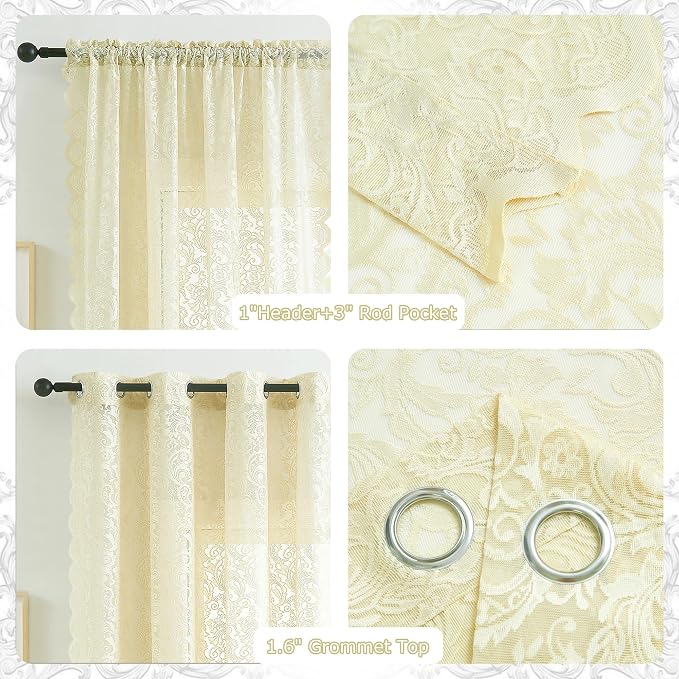 Bujasso Ivory Sheer Lace Curtains 63 inch Vintage Floral Sheer Window Curtain - Image 5