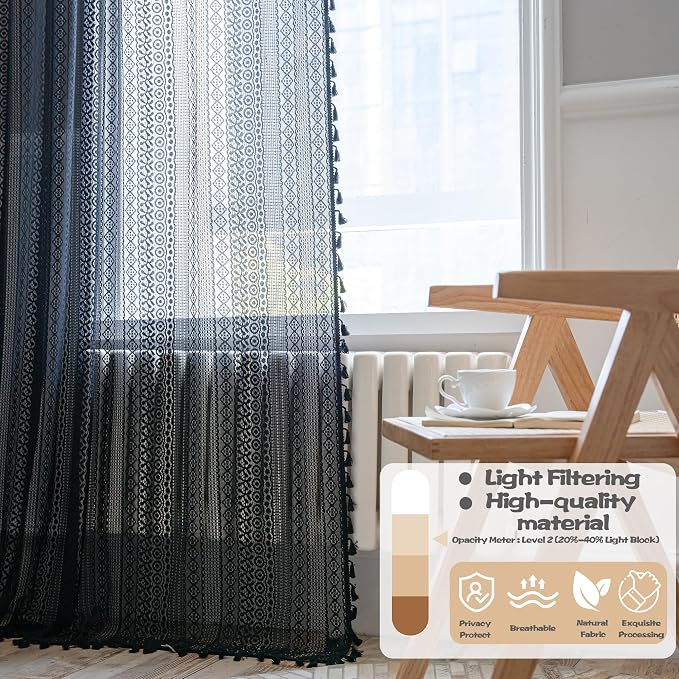 Sutuo Home Black Boho Curtain 84 Inches Length, Sheer Crochet Lace Handmade - Image 3