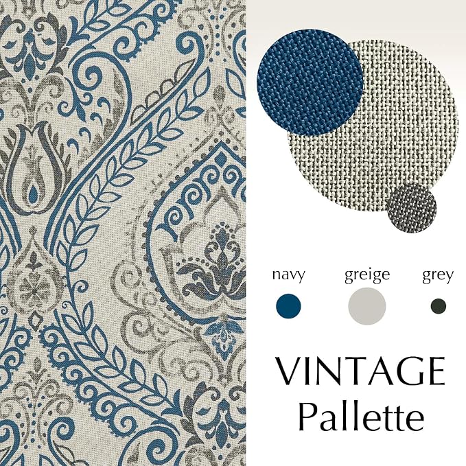 Navy Paisley Linen Textured Curtains 96 in Vintage Grommet 2 Panels | Room - Image 3