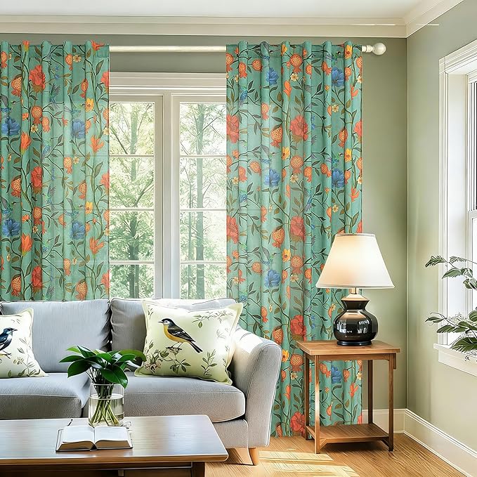 Green Boho Floral Linen Curtains Whimsical Semi Sheer Botanical Bird Block - Image 4