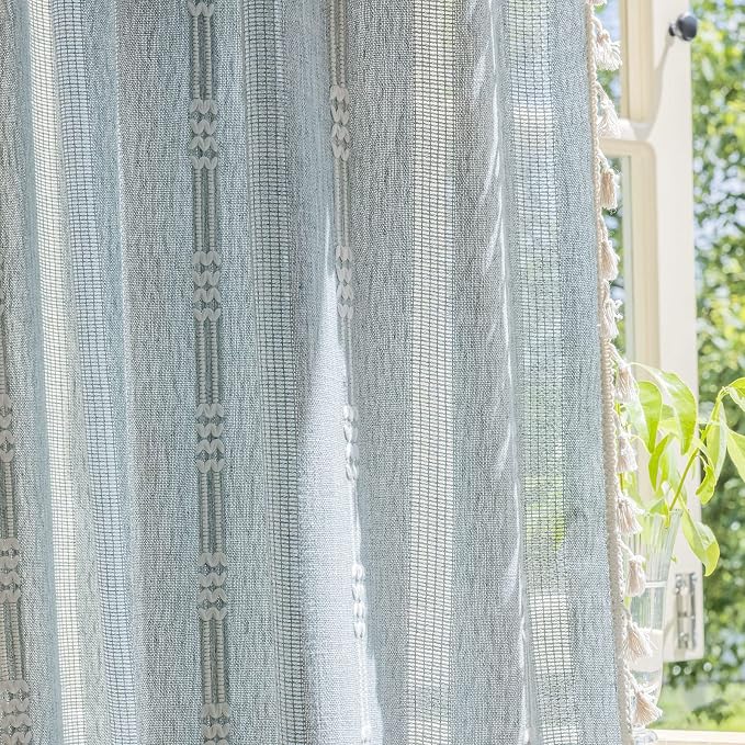 ENJOYBRIDAL Boho Curtains 63 Inch Length 2 Panels Semi Sheer Blue Grey Drapes - Image 7