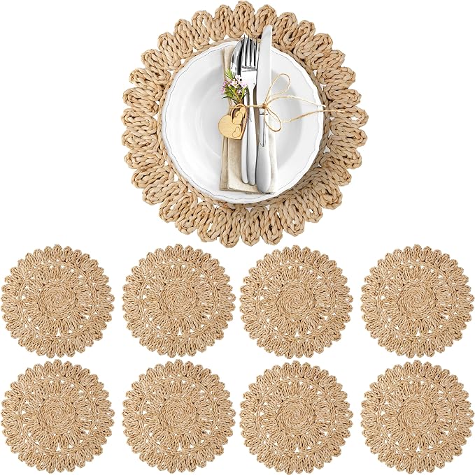 13.8" Corn Husk Woven Round Placemats Set of 8 by DaiVuCrafts