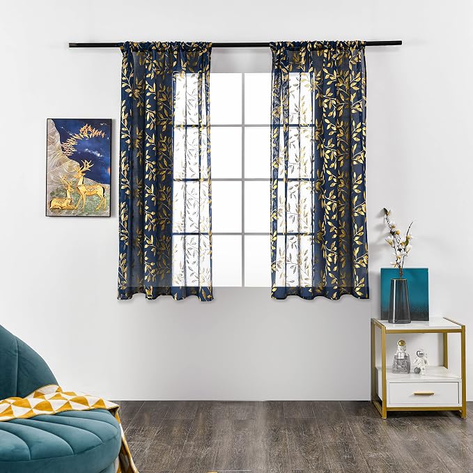 Sutuo Home Blue Sheer Curtains 63 Inch Length 2 Panels, Luxury Gold Foil Print - Image 2