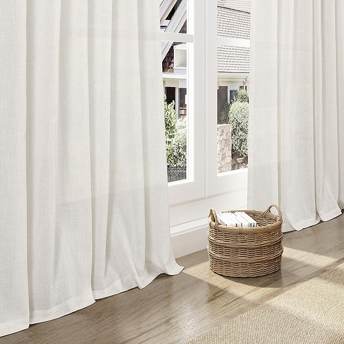 Cream Linen Curtains 96 Inches Long 2 Panels Set Back Tab Rod Pocket Semi Sheer - Image 6