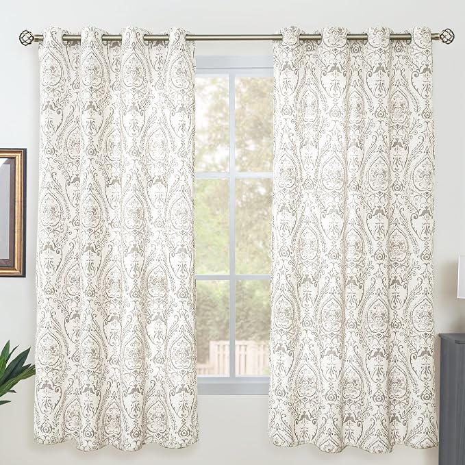 Natural Taupe Linen Curtains for Bedroom 63 inch Length 2 Panels, Boho Printed - Image 2