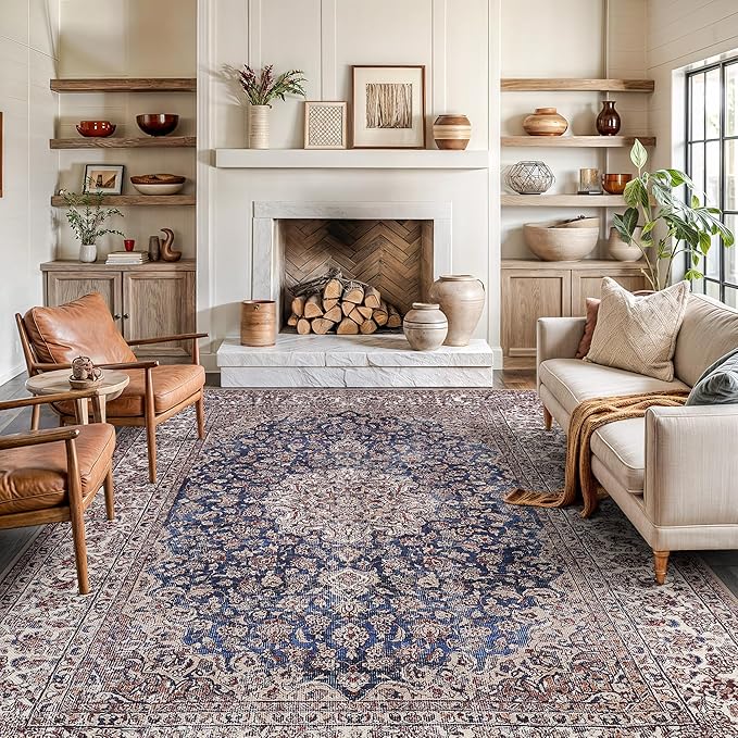 Bloom Rugs Washable Non-Slip 9' x 12' Rug - Dark Blue/Beige Traditional Medallion Area Rug for Living Room, Bedroom, Dining Room, and Kitchen - Exact Size: 9' x 12'