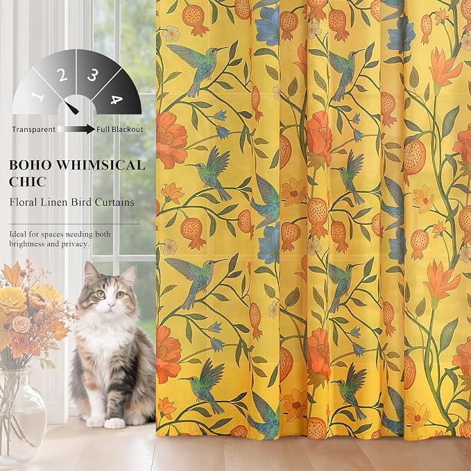 Mustard Yellow Floral Linen Curtains, Boho Whimsical Bird Print Curtains - Image 3