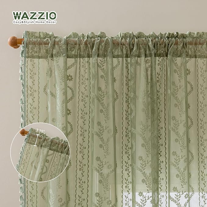 WAZZIO Boho Lace Curtains 2 Panels 96 Inch -Vintage Victorian Sheer Panel Drape - Image 6