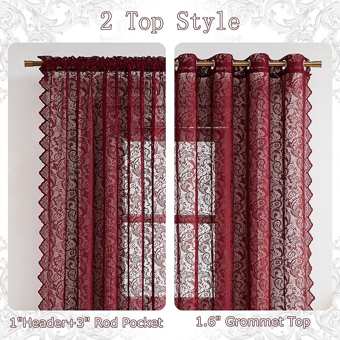 Bujasso Burgundy Red Lace Sheer Curtains 84 inch Length - Image 6