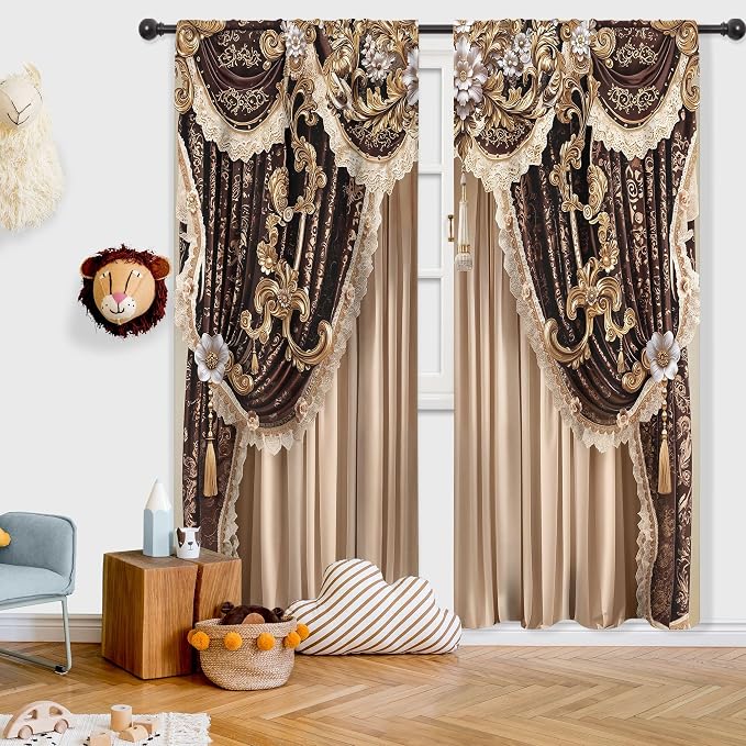 Brown Vintage Elegant Luxury No Tassel Living Room Bedroom Window Curtains | - Image 4