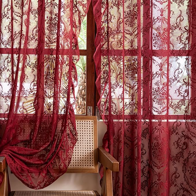 Deeprove Sheer Lace Curtains Burgundy Red 96 Inches Length - Image 5