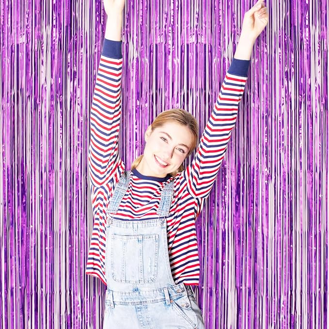 Voircoloria 3 Pack 3.3 x 8.2 ft Laser Purple Foil Fringe Backdrop Curtains - Image 7