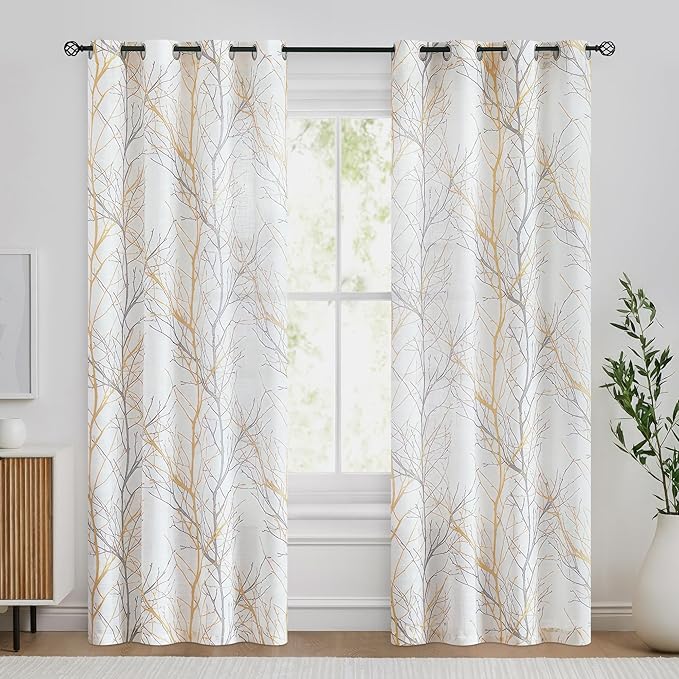 FMFUNCTEX Linen Yellow White Semi Sheer Print Curtains 96 Inch 2 Panels | Tree - Image 2