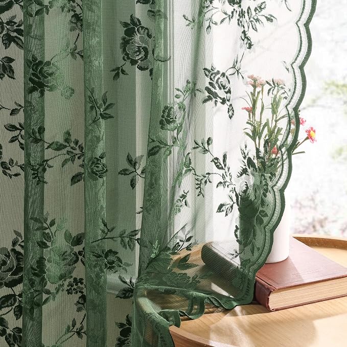Dark Green Lace Curtains 96 Inches Long 2 Panels Sheer Floral Curtains - Image 4