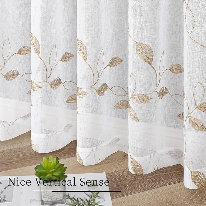 Tollpiz Taupe Leaf Sheer Curtains Bedroom 54 x 84 Inches | Leaves Embroidered - Image 4