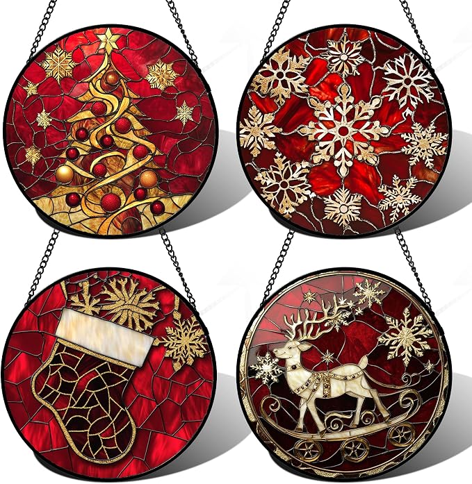 DASTOLL Stained Glass Window Hanging 4 Pcs Set Red Christmas Elk Snowflakes 9.8" by DASTOLL