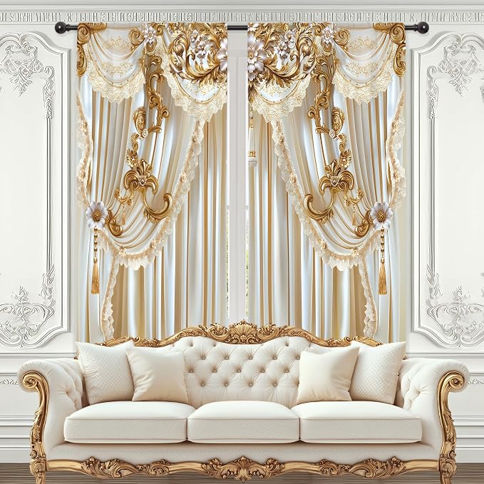 White Gold Golden Vintage Elegant No Living Room Bedroom Window Curtains | 42"W by Riyidecor