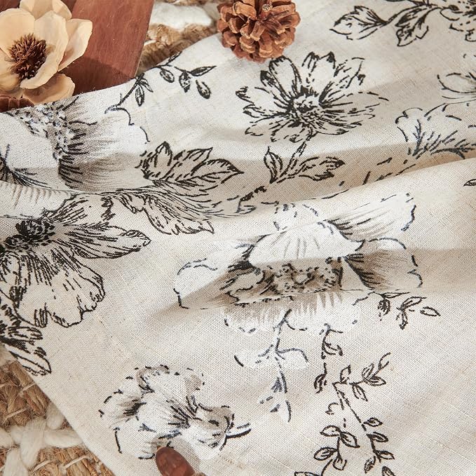 jinchan Black Floral Linen Curtains Lined 90 Inch Vintage Back Tab 2 Panels | - Image 9