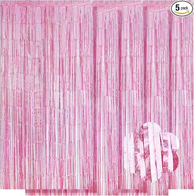 5 Pack Pink Foil Curtain Backdrop 3.2ft x 9.8ft Metallic Tinsel Foil Fringe by Ohiyoo