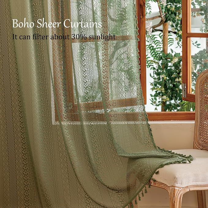 Sutuo Home Olive Green Boho Lace Sheer Curtains, Farmhouse Crochet Privacy - Image 5
