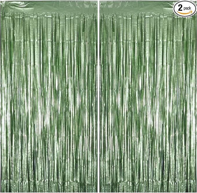 Matte Sage Green Tinsel Foil Curtains Backdrop Party Decorations | 2 PCS by Unknown