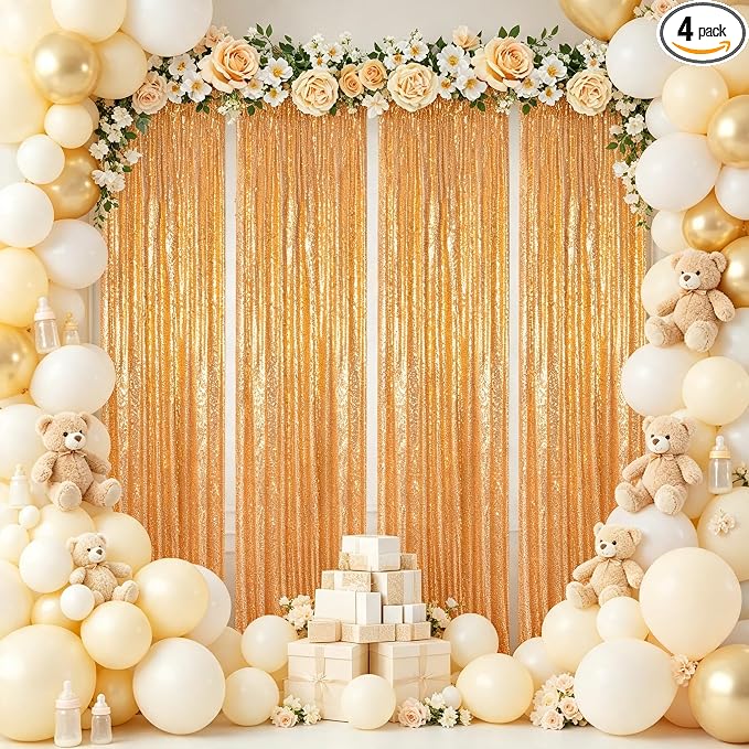 ShinyBeauty Gold Sequin Backdrop Curtains 4 Panels 2x8ft by ShinyBeauty