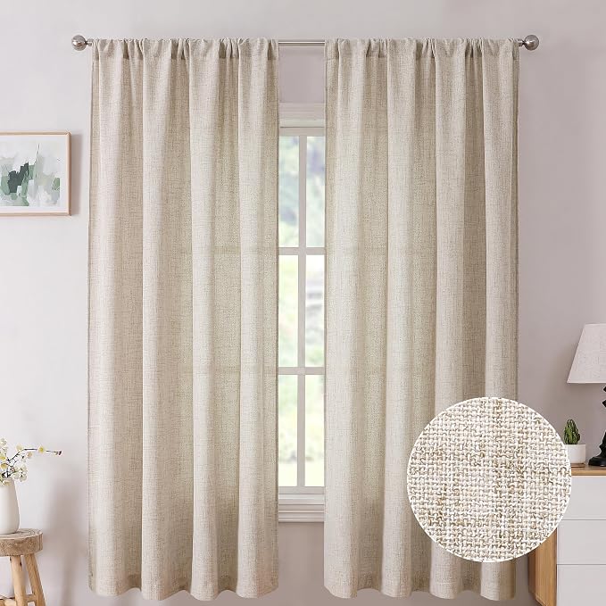 Tollpiz Short Linen Curtain Bedroom Rod Pocket Semi Sheer Curtains Burlap Light by Tollpiz