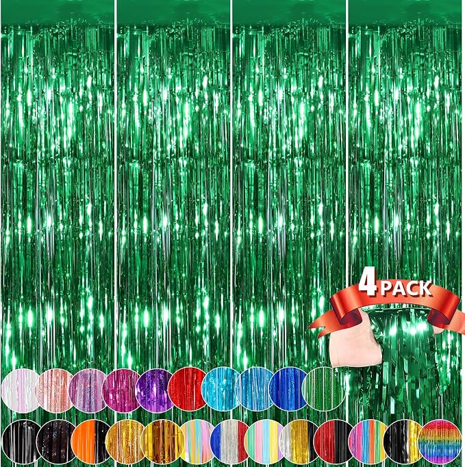 Green Metallic Tinsel Foil Fringe Curtains, 4 Pack 3.3x8.3 Feet Party Streamer by NUWDHP