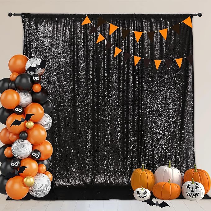 PartyDelight Black Sequin Backdrop 6x8ft Sparkly Photo Curtain | 4 Inch Rod - Image 2