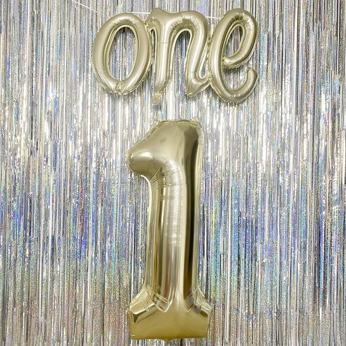 2Pcs Champagne Gold Foil 40" Number 1 and 26" Script Letter One Balloon Set | - Image 6