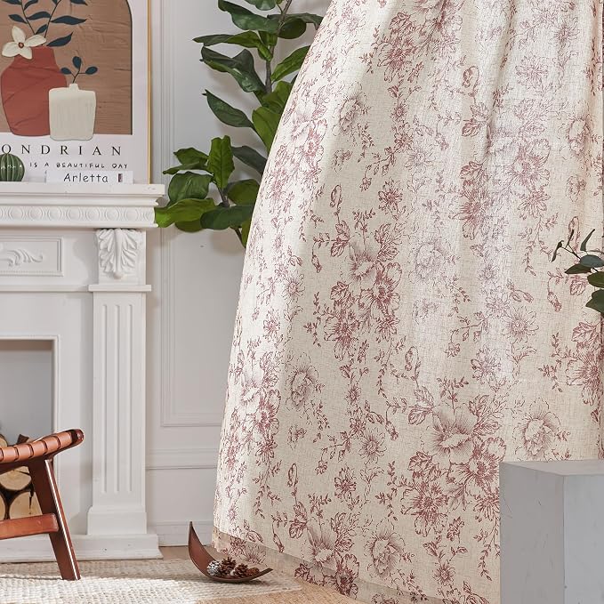 jinchan Red Floral Linen Curtains 90 Inch Vintage Back Tab 2 Panels | Light - Image 7