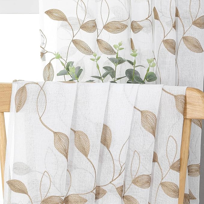 Tollpiz Taupe Leaf Sheer Curtain Bedroom Short 38 x 45 Inches | Leaves - Image 6