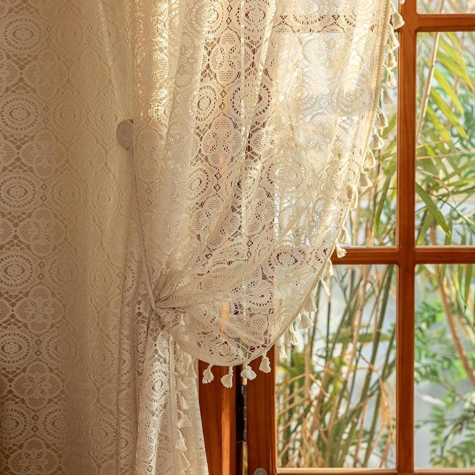 YJ YANJUN Boho Lace Curtains 63 inch Long 2 Panels -Vintage Floral Crochet - Image 2