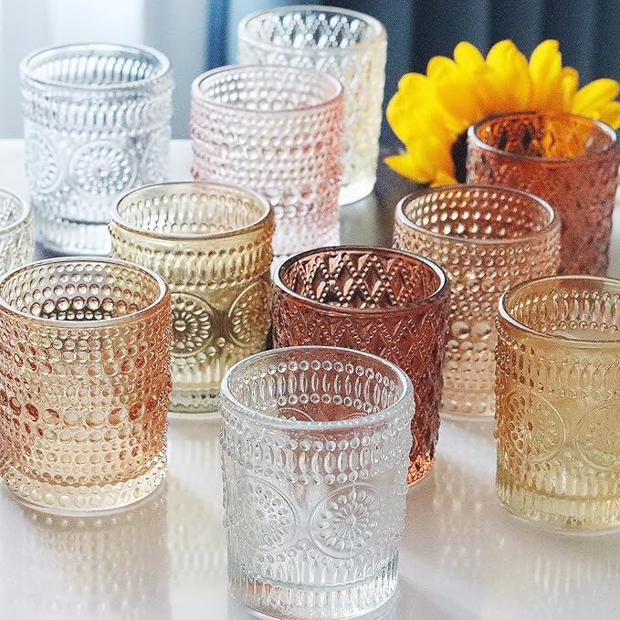 24 pcs Fall Votive Candle Holders, 6 Colors 3 Patterns Tealight Candle Holders for Wedding Table Centerpiece Birthday Party Decoration