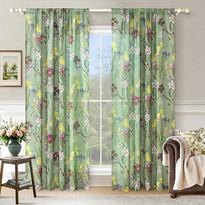 Schweek Ligth Green Boho Floral Curtain 63 Inch Length 2 Panels by Schweek