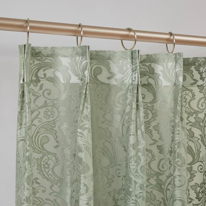 Bujasso Sage Green Lace Pinch Pleat Curtains 90 inch, Vintage Floral Sheer - Image 3