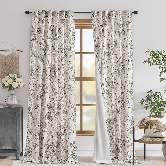 jinchan Floral Linen Blackout Curtains Lined 102 Inch Back Tab 2 Panels | by JINCHAN