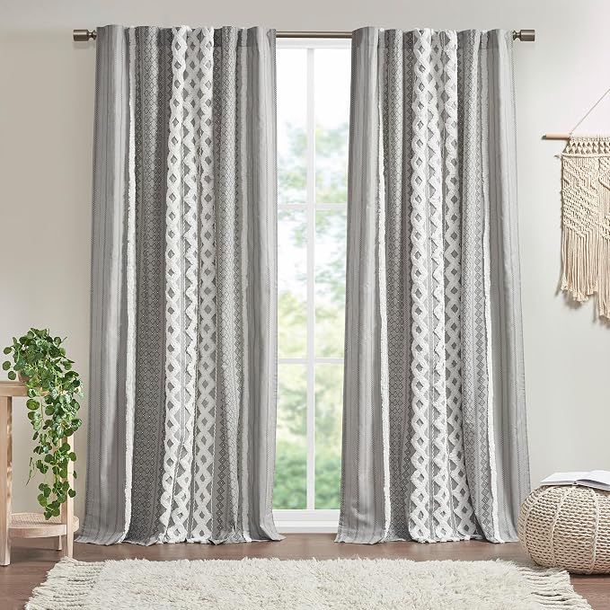 INK+IVY 100% Cotton Boho Window Curtain, Single Panel, 50x84 Gray | Tufted by INKIVY