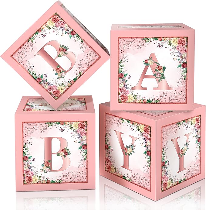 Floral Pink Baby Shower Boxes, Foil Baby Letters, by WHYMEO