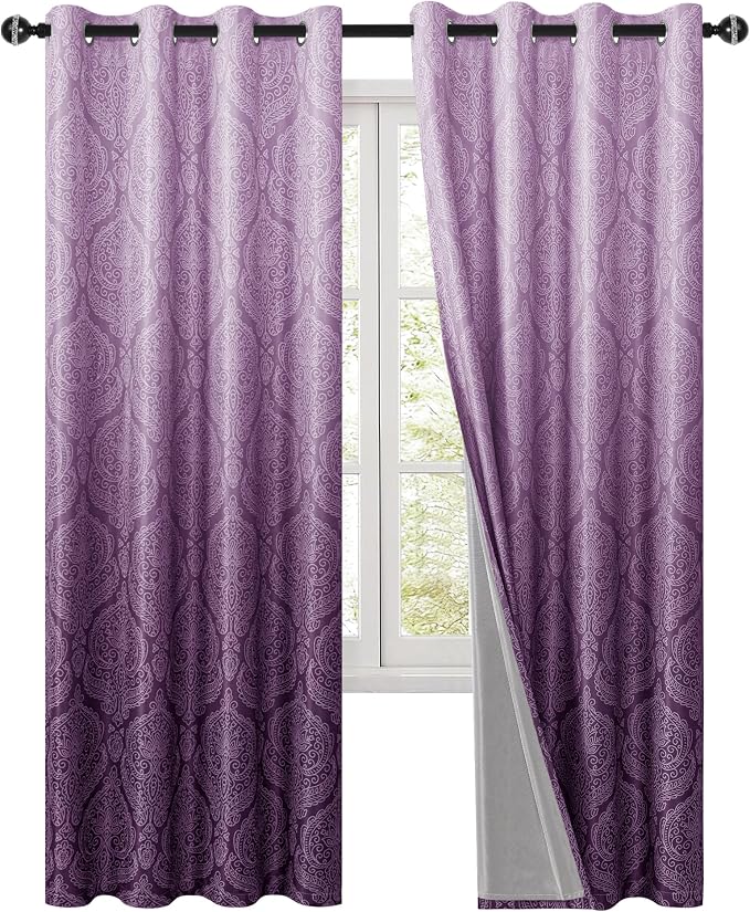 DWCN 100% Blackout Curtains 84 Inch Long-Damask Patterned Ombre Thermal - Image 9