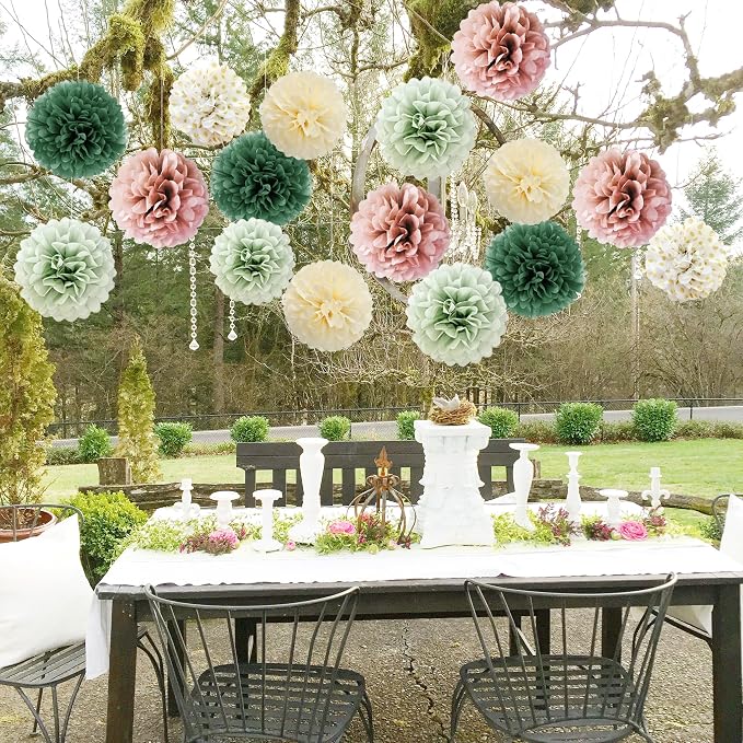 16pcs Dusty Rose Olive Sage Green Tissue Paper Pom Poms Flowers Sage Green - Image 2